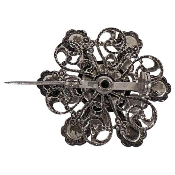 Vintage 1950s Silver Filigree Design Simulated Faux Turquoise Cabochon Brooch - Picture 5 of 6